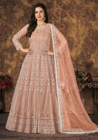 Picture of Sightly Net Rosy Brown Anarkali Salwar Kameez