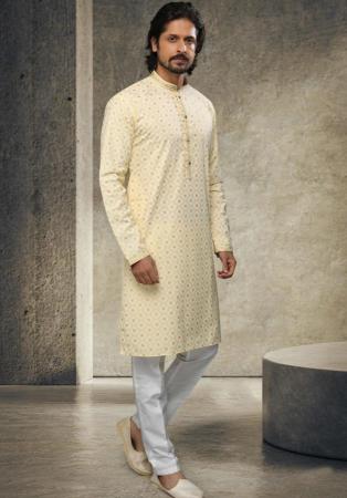 Picture of Good Looking Cotton Pale Golden Rod Kurtas