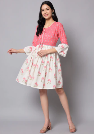 Picture of Shapely Cotton Light Coral & Off White Western Dress