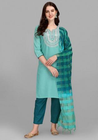 Picture of Beautiful Cotton Cadet Blue Readymade Salwar Kameez