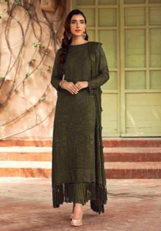 Picture of Georgette Dark Olive Green Straight Cut Salwar Kameez