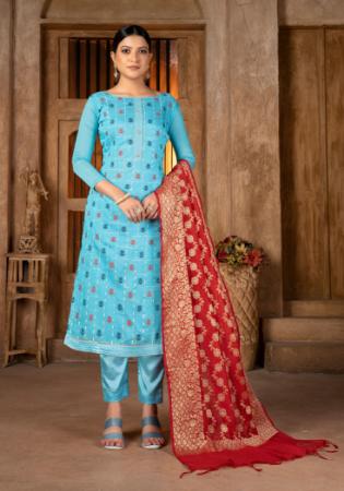 Picture of Silk Medium Turquoise Straight Cut Salwar Kameez