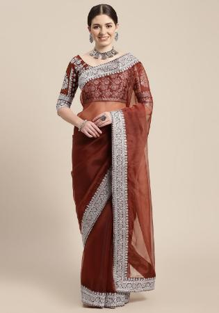 Picture of Good Looking Organza Saddle Brown Saree