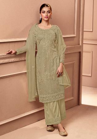 Picture of Resplendent Net Dark Khaki Straight Cut Salwar Kameez