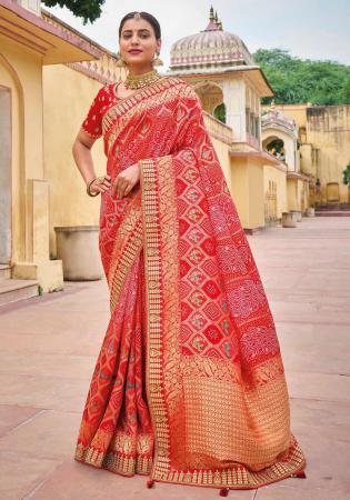 Picture of Good Looking Synthetic Dark Salmon Saree