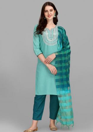 Picture of Cotton Medium Aqua Marine Readymade Salwar Kameez