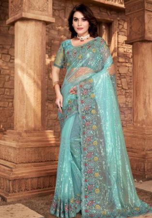 Picture of Good Looking Net Light Steel Blue Saree