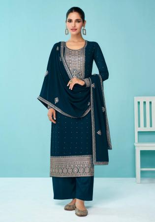 Picture of Georgette Navy Blue Straight Cut Salwar Kameez