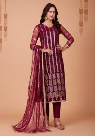 Picture of Beautiful Net Maroon Straight Cut Salwar Kameez