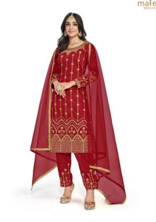 Picture of Nice Silk Dark Red Straight Cut Salwar Kameez