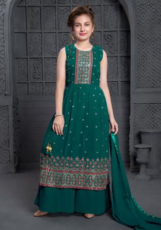 Picture of Excellent Georgette Teal Kids Salwar Kameez