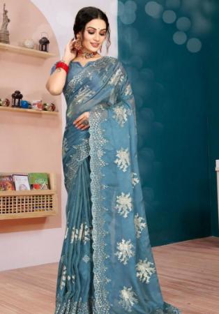 Picture of Classy Silk & Organza Light Slate Grey Saree