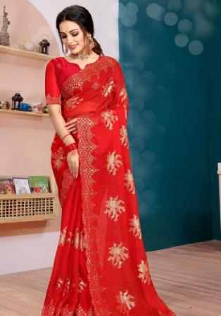 Picture of Graceful Silk & Organza Indian Red Saree