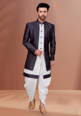 Picture of Satin & Silk White & Midnight Blue Indo Western