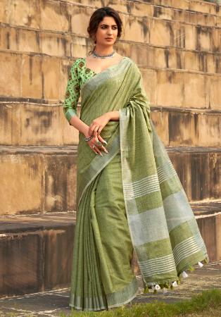 Picture of Well Formed Silk Dark Olive Green Saree