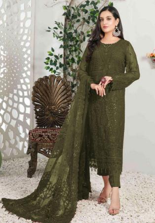 Picture of Georgette Dark Olive Green Straight Cut Salwar Kameez