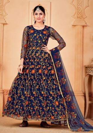 Picture of Well Formed Net Midnight Blue Anarkali Salwar Kameez