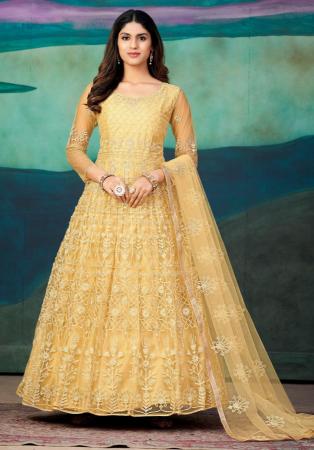 Picture of Wonderful Net Khaki Anarkali Salwar Kameez