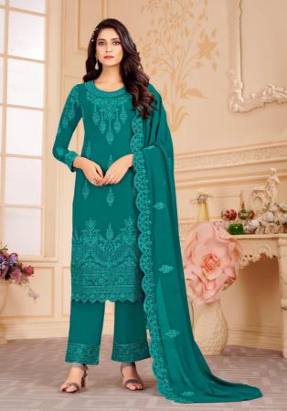 Picture of Resplendent Georgette Teal Straight Cut Salwar Kameez