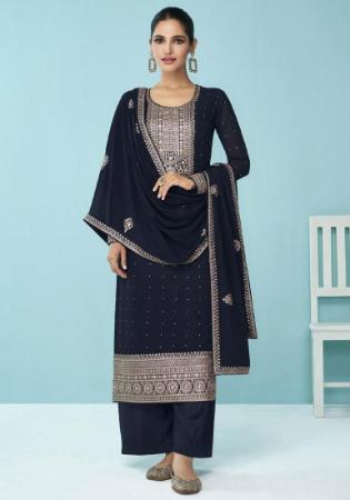 Picture of Georgette Dark Slate Blue Straight Cut Salwar Kameez