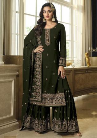 Picture of Georgette Dark Olive Green Straight Cut Salwar Kameez