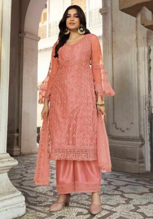 Picture of Admirable Net Dark Salmon Straight Cut Salwar Kameez