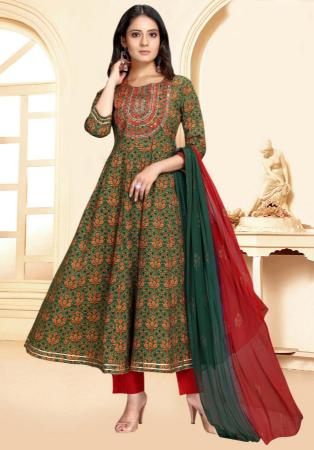 Picture of Cotton Dark Olive Green Readymade Salwar Kameez