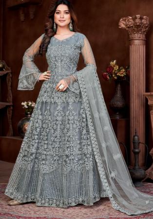 Picture of Resplendent Net Slate Grey Anarkali Salwar Kameez