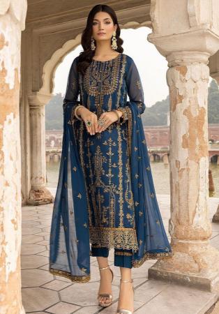 Picture of Georgette Dark Blue Straight Cut Salwar Kameez