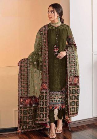 Picture of Georgette Dark Olive Green Straight Cut Salwar Kameez