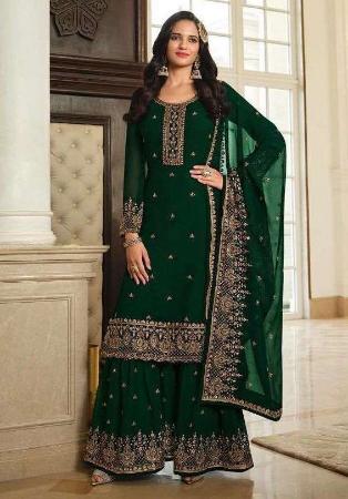 Picture of Georgette Dark Green Straight Cut Salwar Kameez