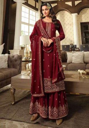 Picture of Delightful Georgette Maroon Straight Cut Salwar Kameez