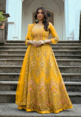 Picture of Grand Net Yellow Anarkali Salwar Kameez