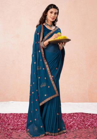 Picture of Well Formed Georgette Teal Saree