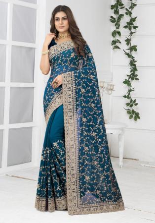 Picture of Well Formed Georgette Teal Saree