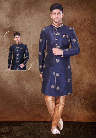 Picture of Good Looking Silk Navy Blue Sherwani