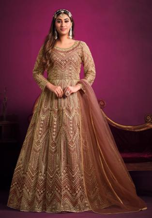 Picture of Excellent Net Dark Olive Green Anarkali Salwar Kameez