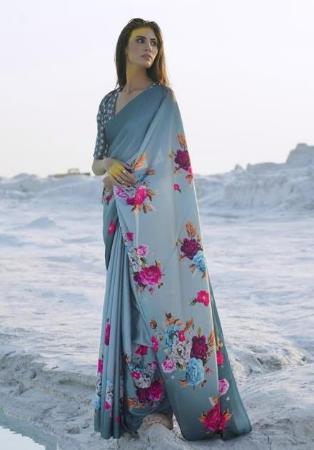 Picture of Amazing Crepe & Satin Light Slate Grey Saree