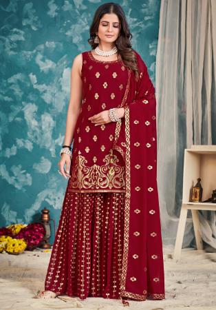 Picture of Georgette Dark Red Straight Cut Salwar Kameez