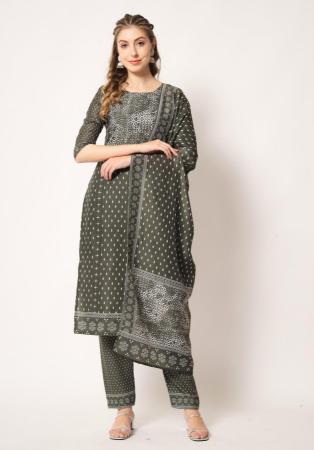 Picture of Chiffon Dark Olive Green Straight Cut Salwar Kameez