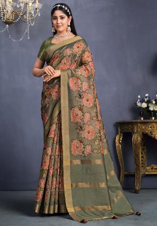 Picture of Wonderful Silk Dark Olive Green Saree