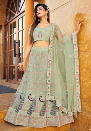 Picture of Well Formed Net Dark Sea Green Lehenga Choli