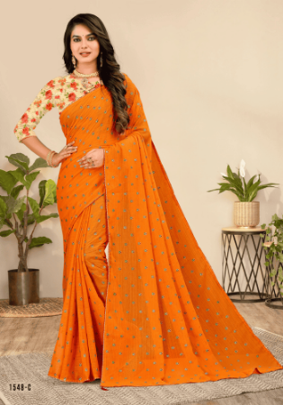 Picture of Exquisite Net Orange Red Saree