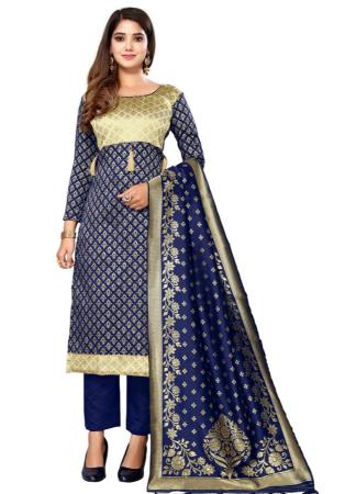 Picture of Silk Dark Slate Blue Straight Cut Salwar Kameez