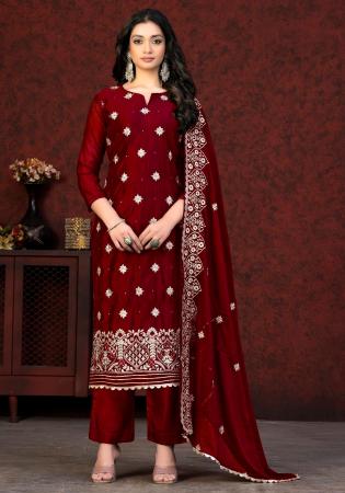 Picture of Grand Chiffon Maroon Straight Cut Salwar Kameez