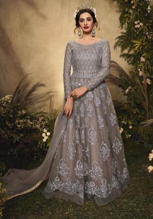 Picture of Georgette Dark Grey Straight Cut Salwar Kameez