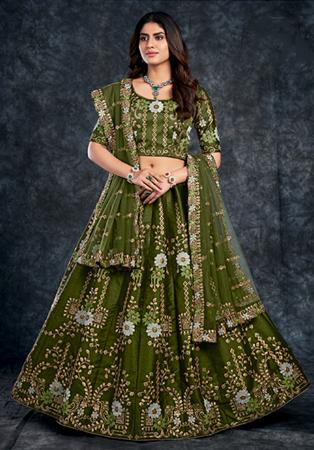 Picture of Ravishing Silk Dark Olive Green Lehenga Choli