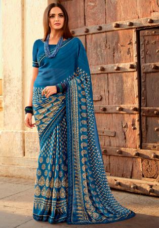 Picture of Sightly Chiffon & Georgette Teal Saree