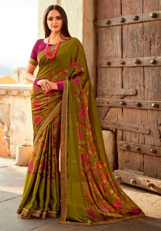 Picture of Comely Chiffon & Georgette Olive Saree