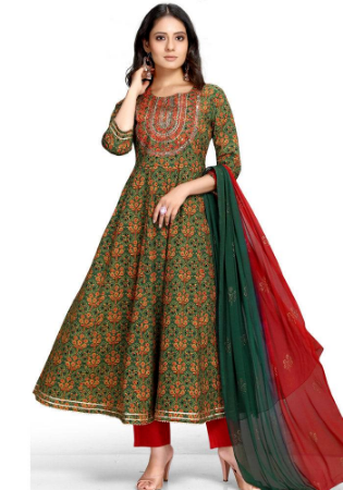 Picture of Cotton Dark Olive Green Readymade Salwar Kameez